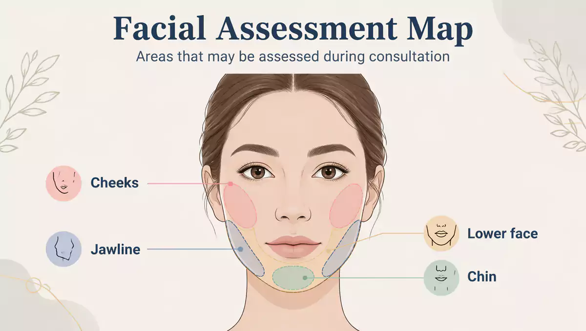 face showing areas that may be assessed including cheeks, jawline, chin and lower face