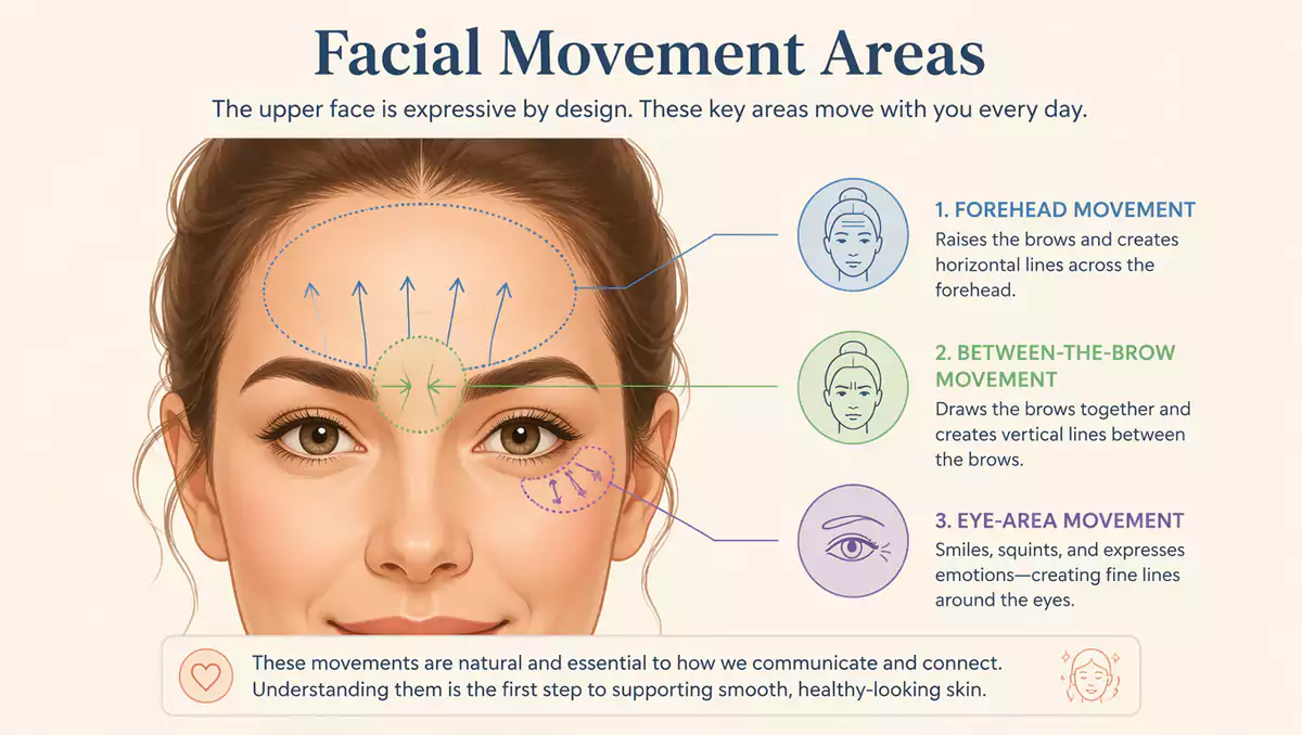 Illustration showing facial expression areas discussed during an anti-wrinkle consultation